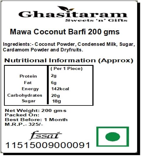 Ghasitaram Gifts Indian Sweets - Diwali Gifts Sweets- Mawa Coconut Barfi 200 GMS