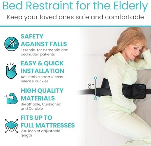 Vive Bed Restraints for Elderly Dementia Patients - Safety Belt for Wheelchair & Bed - Fall Prevention Device for Seniors - Adjustable Strap and Cushioned Waist Belt for Hospital Caregivers