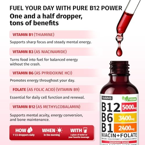 NUSAVA (2 Pack) Vitamin B12 Liquid Drops with B6, B1, Niacin & Folate — B12 Sublingual Vitamin B Complex, Methylcobalamin 5000 mcg, for Energy, Brain & Heart Support, Raspberry Flavor, 80 Servings