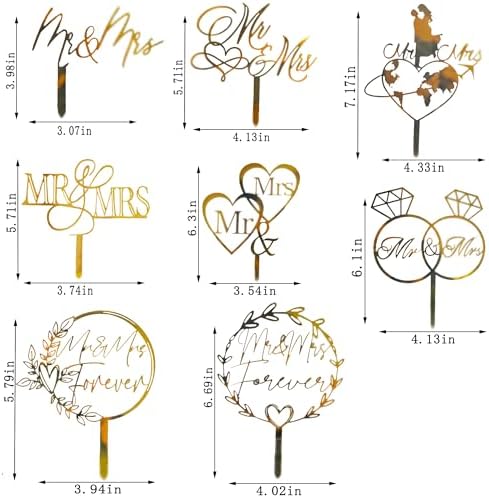 8 Pcs Mr and Mrs Cake Topper, Gold Acrylic Wedding Cake Toppers, Personalized Wedding Cake for Weddings, Engagement, Anniversary，Bridal Shower Cake Decoration