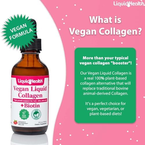 LIQUIDHEALTH 100% Vegan Collagen Plus Biotin 100,000mcg Liquid Drops - Plant-Based Liquid Collagen for Women & Men - Hair & Nail Growth, Skin Health, Boosts Metabolism - Made in USA, Non-GMO (2 oz)