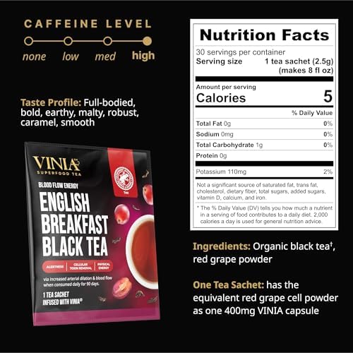 VINIA English Breakfast Black Tea Bags, Made with Organic Tea, Infused with Piceid Resveratrol for Heart Health, Nitric Oxide, Physical Energy, Alertness, Blood Flow, Keto, Kosher, NON-GMO. 30 Ct