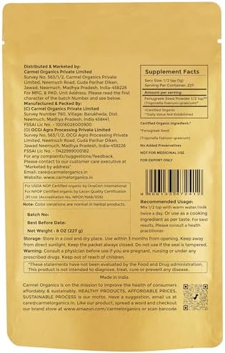 CARMEL ORGANICS Fenugreek |Methi Seeds (Powder, 8 Ounce or 0.5 Lbs)(Pack of 1) | USDA Certified Organic | Non-Gmo | No Added Preservatives | Indian Origin Fenugreek Seeds