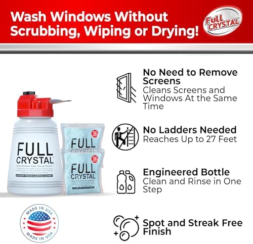Full Crystal Window Cleaning Kit – 8 oz Glass Cleaner and Bottle with 27 ft Reach, Each 4 oz Bag Makes Up to 640 fl oz, Cleans Up to 40 Windows, Scrub-Free, Rinse-Free