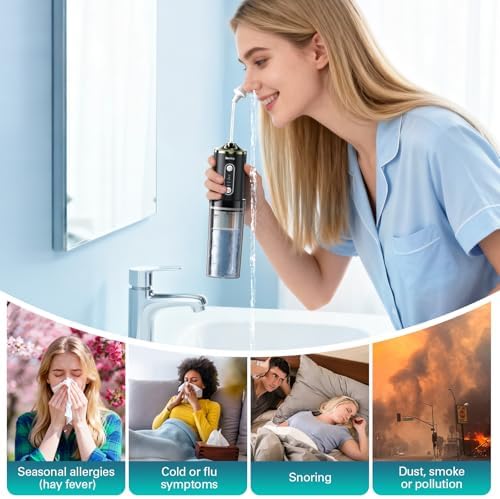 Electric Nasal Irrigation System Packets, Sinus Rinse, Neti Pot Relief System Portable for Kids/ Adults Cordless Waterproof Nasal Rinse Bottle with 60 Saline Kits Nose Wash Machine Black