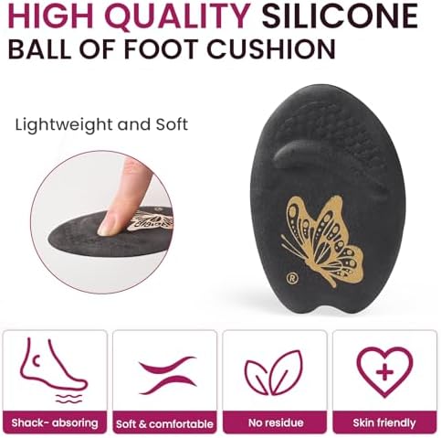 Ball of Foot Cushion Metatarsal Pads - Welnove Non Slip Gel Heel Pads - Heel Cushions to Prevent Toe Sliding, All Day Comfort Shoe Insert Pads for High Heels, Sandals, Wedding, Party (2 Pairs Black)