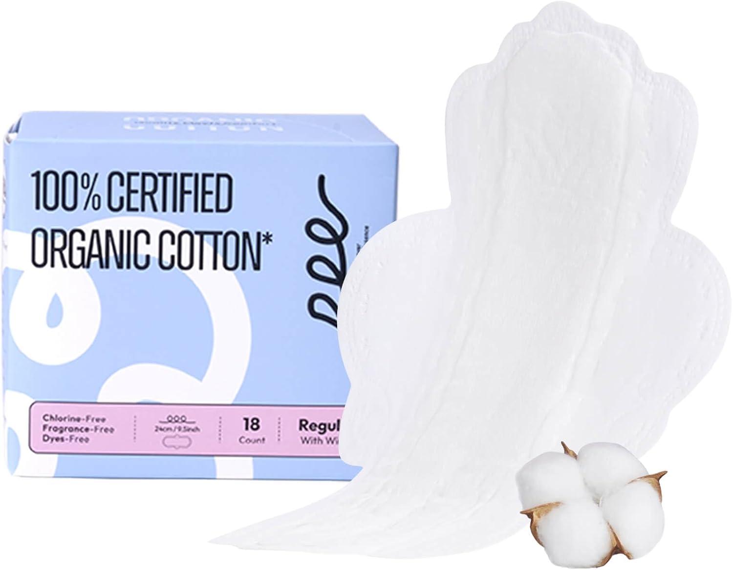 100% Organic Pads for Women, Organic Cotton Cover Pad - Regular Absorbency, Unscented, Ultra Thin Pads with Wings for Women (Regular, Size 3, 18 Count)