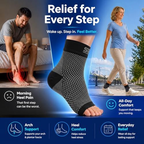 SB SOX Plantar Fasciitis Compression Socks – Arch Support Sleeve for Heel Pain Relief, Achilles Tendonitis & Foot Pain – Toeless Ankle Compression, All-Day Comfort (Black, Large)