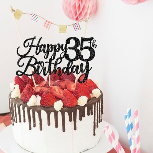 Rsstarxi 1 Pack Happy 35th Birthday Cake Topper Black Glitter Cheers to 35 Years Hello 35 Fabulous Cake Pick for It's My 35 Birthday Theme Celebrate Party Cake Decorations Supplies