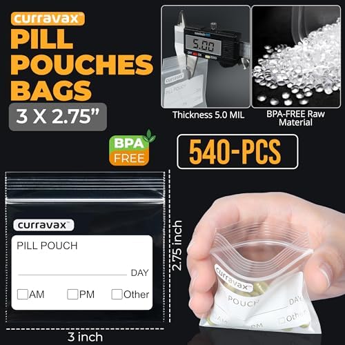 Pill Bags for Travel Pill Pouch Organizer Pack of 540 BPA Free 3 x 2.75 inch Pill Pouches for Medicine Reusable with Write on Label & Waterproof Zipper Seal AM PM Pill Baggies for Vitamins by CURRAVAX