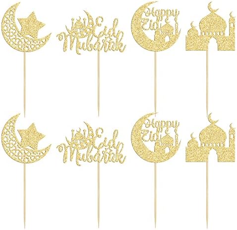 24 Pack Eid Mubarak Cupcake Toppers Gold Glitter Moon Star Happy Eid Cupcake Picks for Islamic Muslim Mubarak Festival Ramadam Kareem Party Cake Decorations Supplies