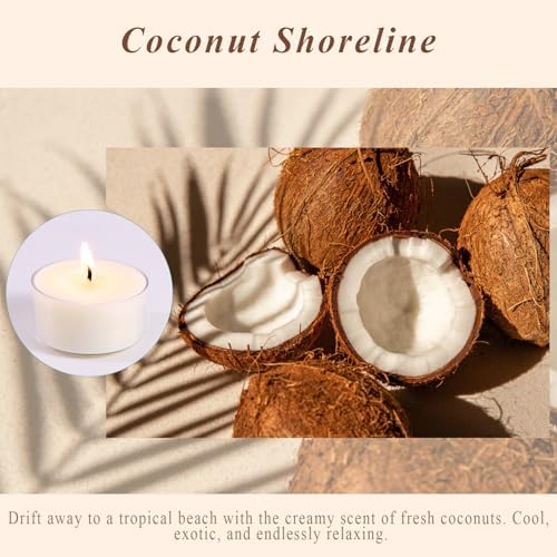 Scented Tea Lights Candles, Coconut Shoreline, 16 Pack – White Scented Tealight Candles – 100% Palm Wax, 6 Hour Burn Aromatherapy Tea Light Votive Candle for Spa Gift Sets, Relaxation, Bath