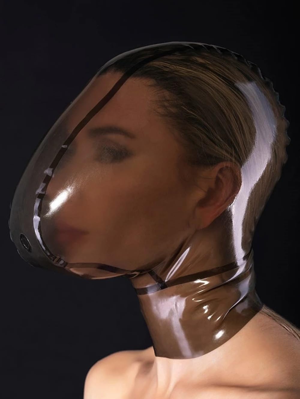Latex Hood with Breathing Bag and Holes, Transparent Brown Full Face Mask with Zipper for Cosplay Halloween Party