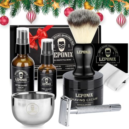 Shaving Kit for Men - The Ultimate Secret Santa Gift Set, Includes Safety Razor, Sandalwood Shaving Cream, Aftershave, Pre Shave Oil, Brush, Bowl & Apron Bib - Unique Gifts Set for Him Husband Dad