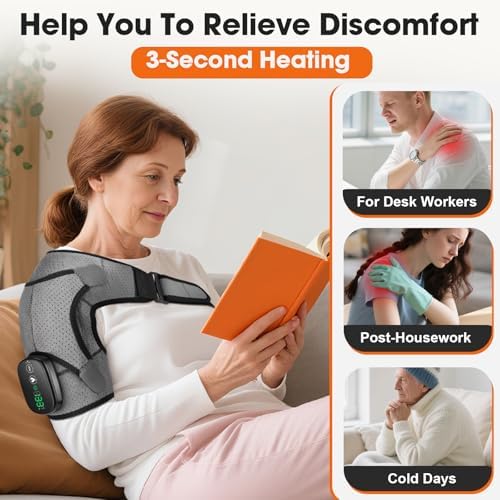 WoloyHeatie Cordless Shoulder Heating Pad, Shoulder Massager for Pain Relief Deep Tissue, Heated Shoulder Wrap with Heat and Massage for Men Women, Rotator Cuff Pain Heating Pad, Grey