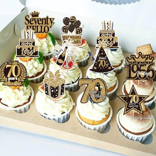 Rsstarxi 40 Pack Happy 70th Birthday Cupcake Toppers Cheers to 70 years Cupcake Picks 70th Birthday Decorations for Women Men 70th Anniversary Black and Gold Wedding Party Cake Decorations Supplies