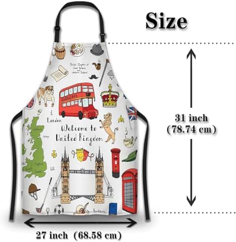 Barista Apron Women London Elements British Symbols Fun Aprons for Men for Kitchen Cooking Restaurant BBQ Painting Crafting Gardening 27” (W) x 31” (H), Waterproof Apron