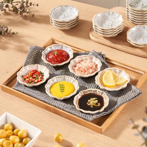 Ceramic Soy Sauce Dish, 2 Oz Beige Dipping Bowls Set, Small Serving Bowls, Set of 2 Mini Dip Plates for Side Dishes, Ketchup, Appetizer, Soy, Vinegar, Sushi, BBQ, Party, Condiments (I)