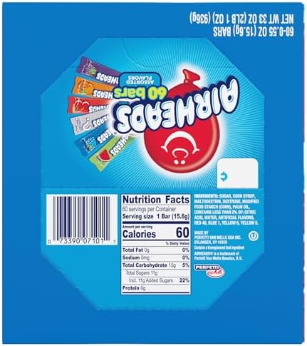 Airheads Full-Size Candy Bars,Taffy Candy Bulk Variety Pack,Individually Wrapped,Six Assorted Fruit Flavors Artificially Flavored,Box,60 Count (Pack of 2)