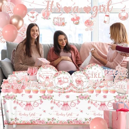 Its a Girl Baby Shower Decorations, Pink Floral Baby Shower Decorations for Girl Include Plates,Napkins,Banner,Balloons,Tablecloth,Cups,Hanging Swirl,Cake Topper,Honeycomb for Baby Girl Party Decor