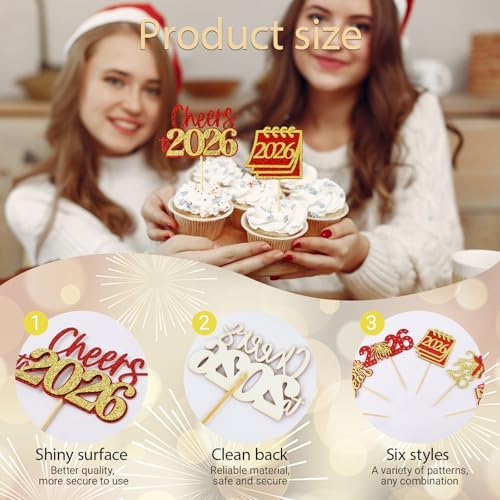 24 Pcs Happy New Year Cupcake Toppers Glitter 2026 Cupcake Picks Fireworks Hello 2026 Cake Decorations for Cheers to New Year Party Supplies (Red & Gold)