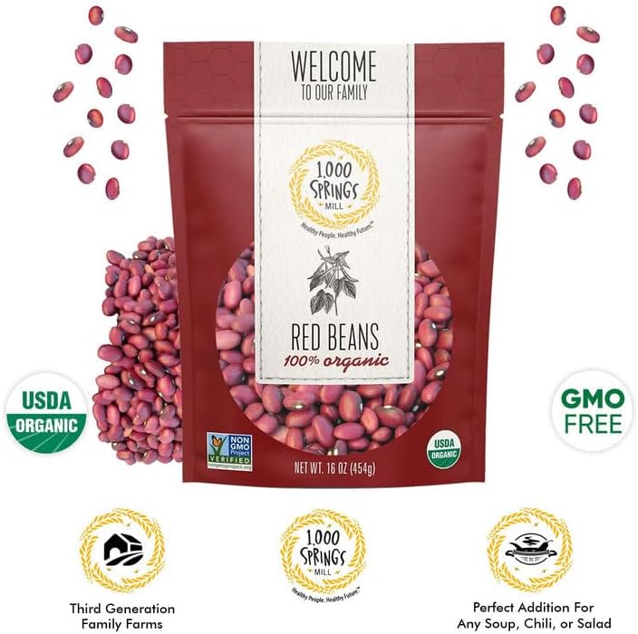 1000 Springs Mill - Organic Red Beans | Used for Soups, Salads, Chili or as a Sweet Paste for Desserts | Bulk Dry Red Beans | Resealable Bag | Vegan Friendly | 16oz (Pack of 1)