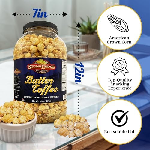 Stonehedge Farms Butter Toffee Flavored Popcorn | 32 oz Tub (Pack of 2) | Perfect for Holidays and Christmas | Reclosable Barrels | Bulk Popped ButterToffee Corn