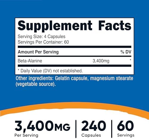 Nutricost Beta-Alanine Capsules 3400mg, 240 Capsules (60 Serv) - Potent Beta Alanine, Gluten Free & Non-GMO, 850mg Per Cap