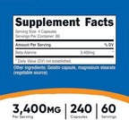 Nutricost Beta-Alanine Capsules 3400mg, 240 Capsules (60 Serv) - Potent Beta Alanine, Gluten Free & Non-GMO, 850mg Per Cap