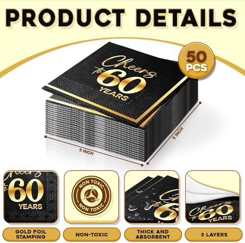 Cheers to 60 Years - 50PCS Black & Gold Foil Cocktail Napkins, 3-Ply Disposable Paper 5x5 Inches 60th Birthday Napkins Decorations, Wedding, Anniversary, Party Men & Women