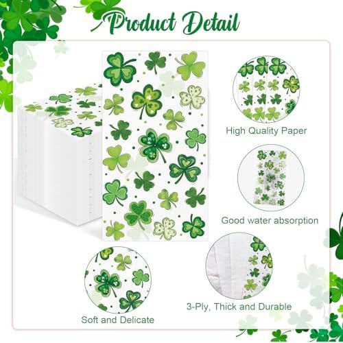 100 Pcs St. Patrick's Day Guest Napkins Green Shamrock 3 Ply Disposable Hand Paper Towels Lucky Clover Decorative Dinner Napkins for Holiday Birthday Spring Irish Party Table Supplies