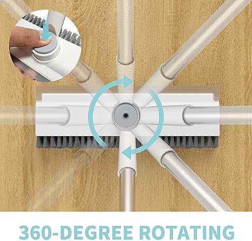 Floor Scrub Brush with Long Handle, 3 in 1 Scrape and Heavy-Duty Stiff Bristle Scrubber Brush for Cleaning Shower Bathroom, Patio, Pool, Garage, Kitchen, Wall and Deck (White, 1 Pack)