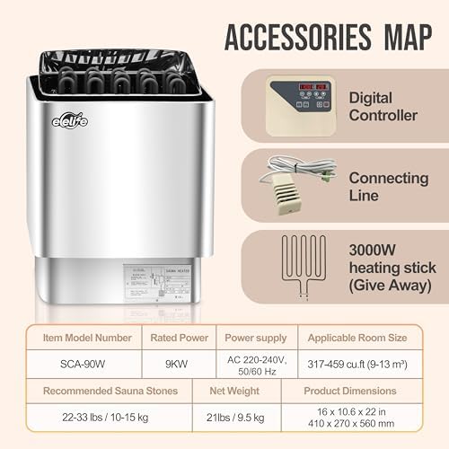 Sauna Heater, 9KW 220V Electric Sauna Stove, Steam Bath Sauna Heater with External Digital Controller, for Cubic Feet, Home Hotel Spa Shower,All stainless steel body (split machine)