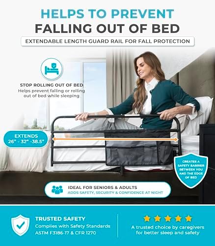 Stander Wonder Pivot Bed Rail, Adjustable Safety Assist Railing with Swing Down Guardrail for Elderly Adults, Fits Mattresses 8 to 12 Inches Thick, ASTM Safety Approved Bedrail, Black