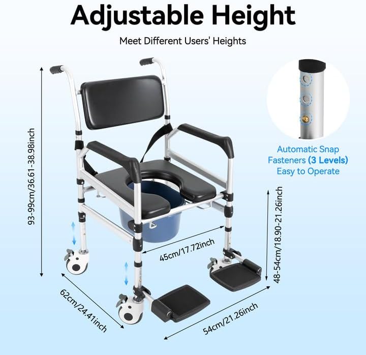 Foldable Shower Chair, Rolling Commode Chair with Wheels, Safety Strap & Removable Toilet, Adjustable Height Folding Bedside Wheelchair for Elderly/Senior Care