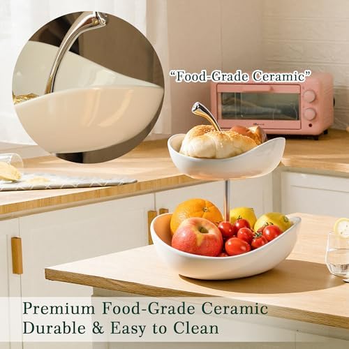 SEVEN SPARTA Double Layer Cherry-Shaped Ceramic Fruit Bowl, 2-Tier Countertop Fruit Basket for Kitchen, Modern Decorative Serving Platter for Fruits, Snacks, Candies (White)