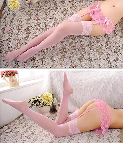 Women Lace Garter Belt and Stockings Set Sexy Suspenders with G-String Panty Satin Bow Mini Skirt Hosiery Mesh Lingerie