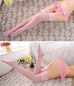 Women Lace Garter Belt and Stockings Set Sexy Suspenders with G-String Panty Satin Bow Mini Skirt Hosiery Mesh Lingerie