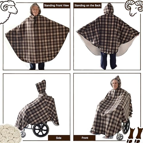 Sqodok Wheelchair Warm Blanket with Hat, Fleece-Lined Wheelchair Cape with Hood, Cold-Proof Shawl for Adults, Winter Poncho Cape Coat for Elderly