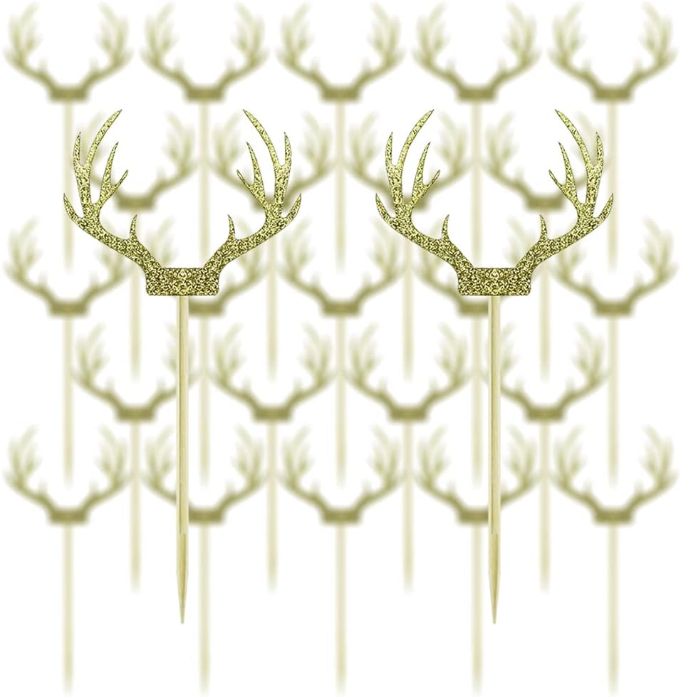 Saktopdeco 20 Counts Gold Deer Antler Cake Topper Glitter Paper Christmas Reindeer Cupcake Toppers Picks for Themed Party Decor Supplies