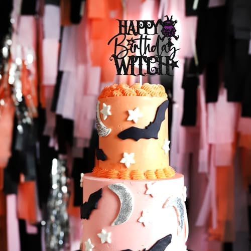 Happy Birthday Witch Cake Topper, Hocus Pocus Theme Cake Decor, Halloween Birthday Party Decorations Supplies for Girls Women, Black and Purple Glitter