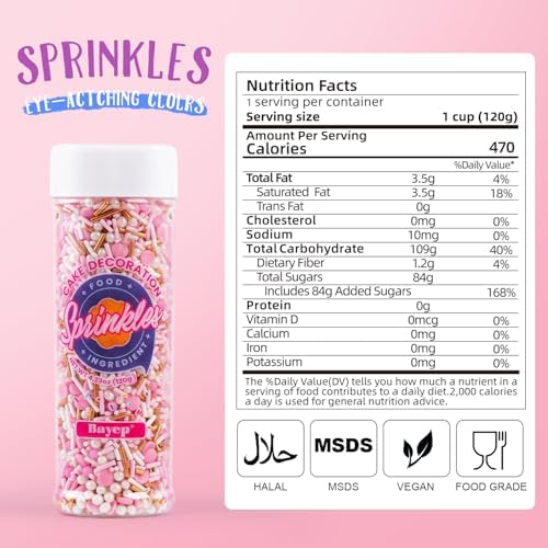 Dye Free Sprinkles Pink No Artificial Dyes Natural Confetti Pearl Sugar Gold Jimmies Valentines Sprinkles for Cake Decorations Baby Shower, Cookies, Fondant Cake, Dessert Toppings, 4.2oz