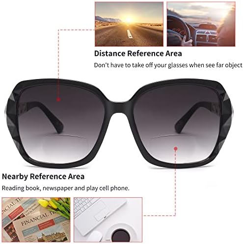 JM Bifocal Reading Sunglasses for Women Fashion Oversized Square Sun Readers Outdoor Reading Glasses UV400 Protection Black +2.5