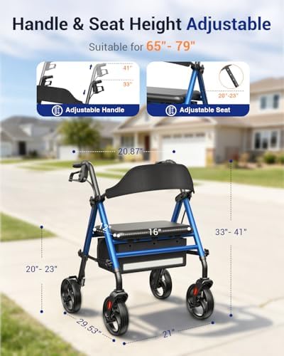 Foldable Rollator Walkers with Seat for Seniors, Thickened Flat Tube Frame, 350 lb Weight Capacity, Height Adjustable,8'' Big Wheels, Lightweight Rolling Walker,Blue