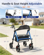 Foldable Rollator Walkers with Seat for Seniors, Thickened Flat Tube Frame, 350 lb Weight Capacity, Height Adjustable,8'' Big Wheels, Lightweight Rolling Walker,Blue