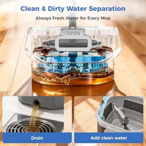 YASHE Spin Mop and Bucket System with True Clean Water Separation, Innovative Detachable Inner Clean Water Bucket for Easy Rinsing, Hands-Free Wringing Floor Mop with 2 Washable Microfiber Pads