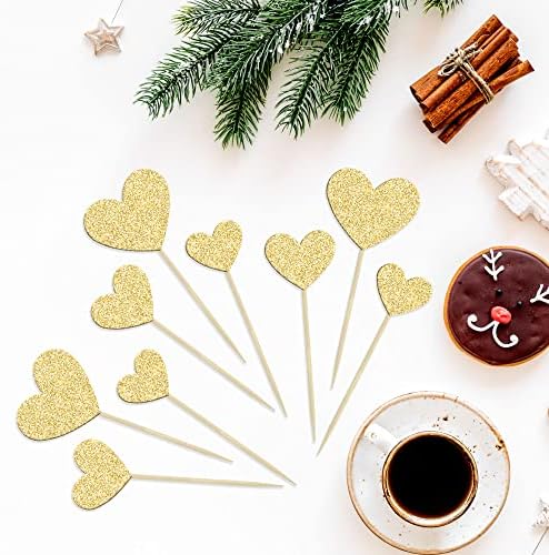 Gyufise 30Pcs Gold Glitter Heart Cupcake Toppers Sweet Love Theme Heart Cake Pick Decorations Wedding Engagement Bridal Shower Birthday Valentine's Day Party Decorations