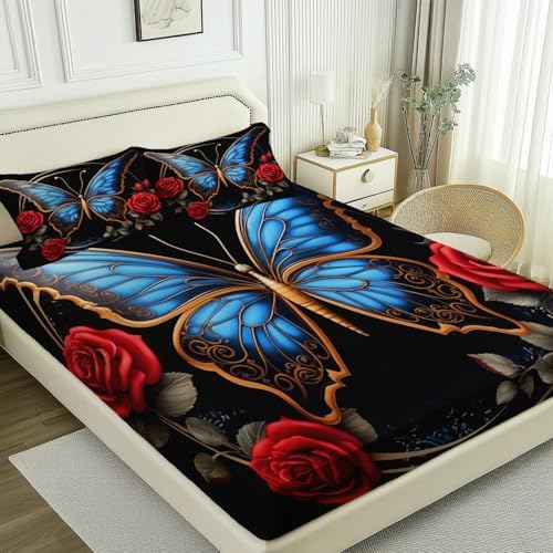 Queen Size Fitted Sheet Blue Red Breathable Brushed Microfiber Deep Pocket Fitted Sheet, Retro Plants Flowers Butterflies Pattern Soft Bed Sheets Set Shrinkage Fade Resistant