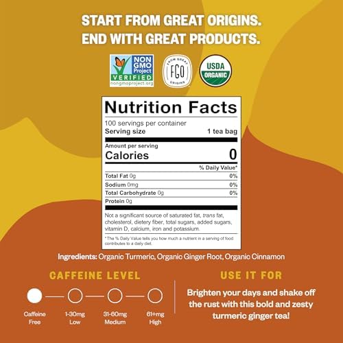 FGO Organic Turmeric Ginger Tea, Eco-Conscious Tea Bags, 100 Count, Packaging May Vary (Pack of 1)