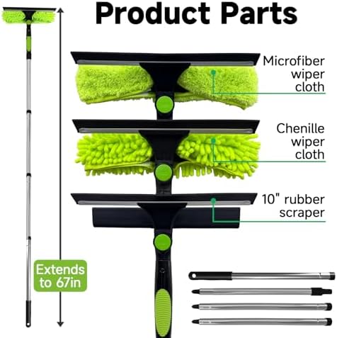 67'' Window Squeegee Cleaner Tool with Extension Pole, 2-in-1 Squeegee for Window Cleaning Kit with Scrubber and Rotating Head, 2 Blade 2 Scrubber for Indoor & Outdoor High Windows